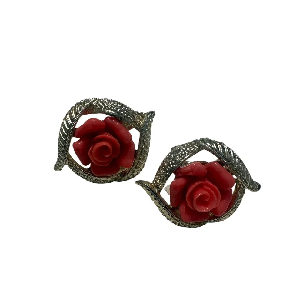 Vintage Sarah Coventry Coral Rose Jewelry Set Necklace Bracelet Clip Earrings - Picture 12 of 15